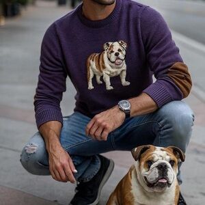 Men's Tommy Hilfiger Bulldog Knitted Crewneck Sweater S/P Elbow Patches Cotton